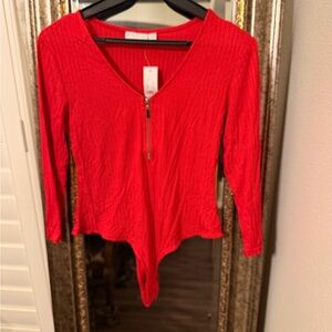 New York & Company Red V-Neck Bodysuit with Zipper